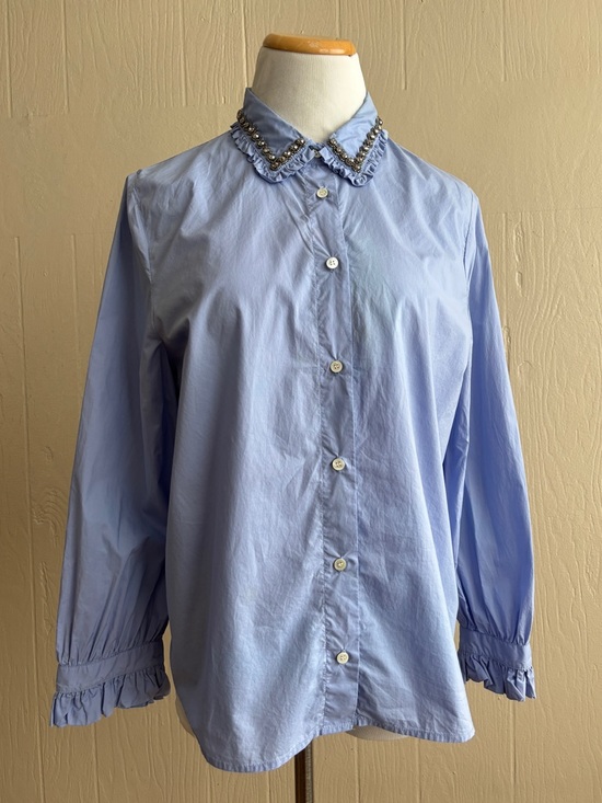 Essentiel Antwerp Tops - Essentiel Antwerp Glass Rhinestone Beaded Ruffle Collar Button Up Shirt